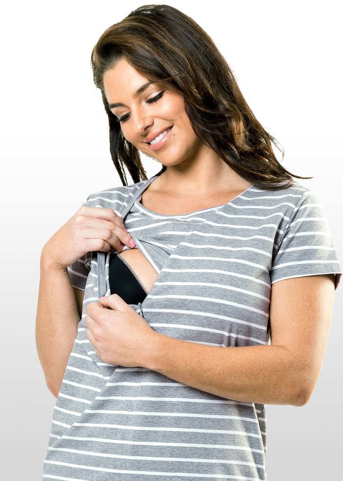 Grey & White Striped Maternity & Nursing Dress