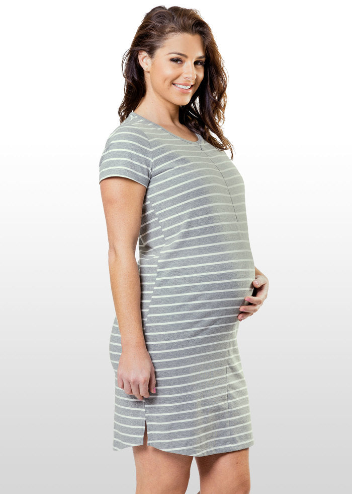 Grey & White Striped Maternity & Nursing Dress